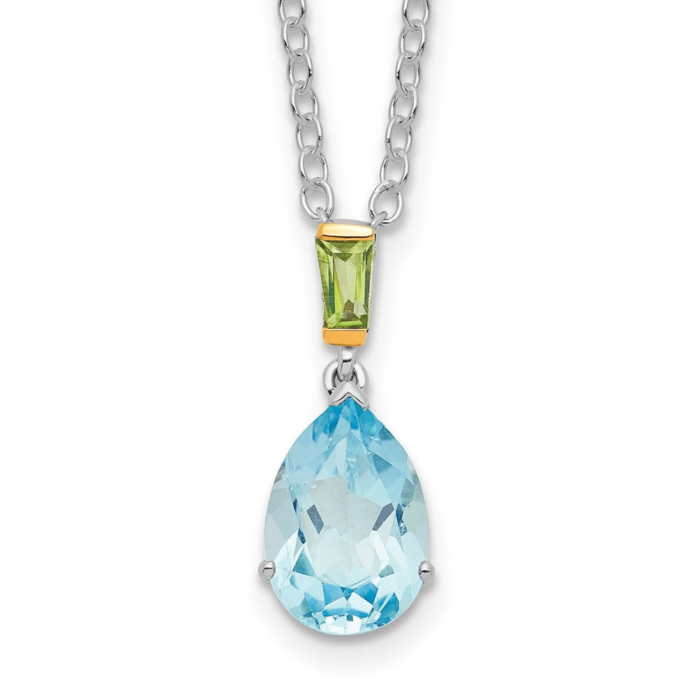 Sterling Silver Brilliant Gemstones With14K Accent Rhodium-Plated Sky Blue Topaz And Peridot 18 Inch Necklace With 2 Extender