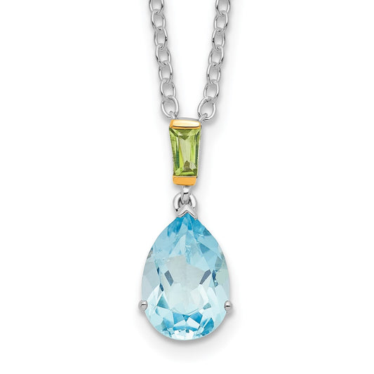 Sterling Silver Brilliant Gemstones With14K Accent Rhodium-Plated Sky Blue Topaz And Peridot 18 Inch Necklace With 2 Extender