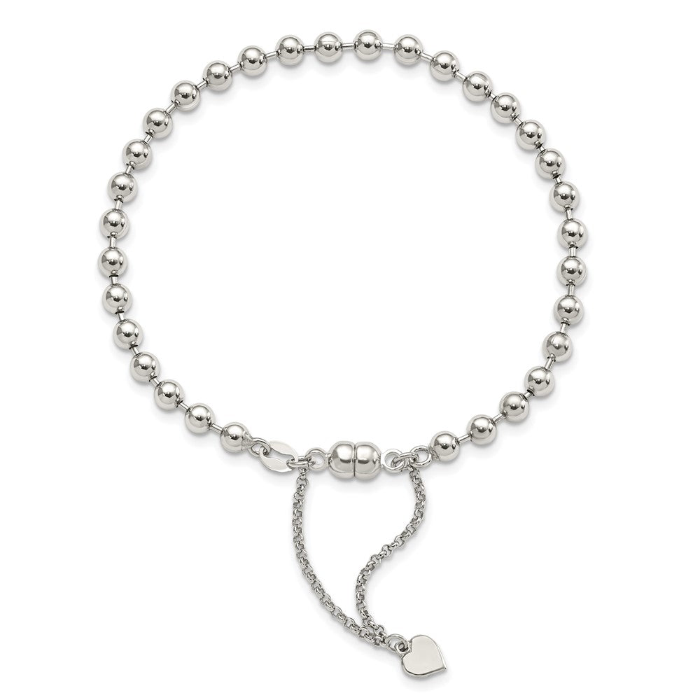 Sterling Silver Amore La Vita Rhodium-Plated Polished 4mm Beaded Dangling Heart 7.5 Inch Charm Bracelet With Magnetic Clasp