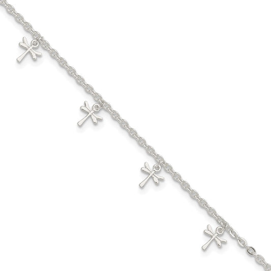 Sterling Silver Polished Dragonfly 9In Plus 1In Ext. Anklet