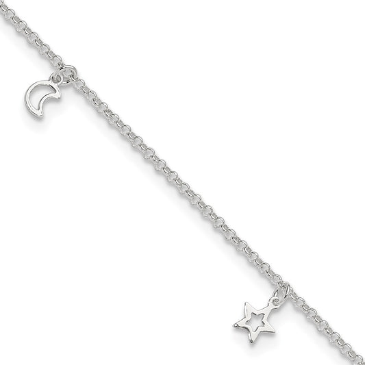 Sterling Silver Moon And Stars 9In Plus 1In Ext. Anklet