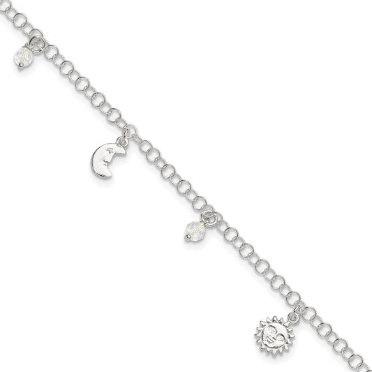 Sterling Silver Polished Sun Moon And Stars 9In Plus 1In Ext. Anklet