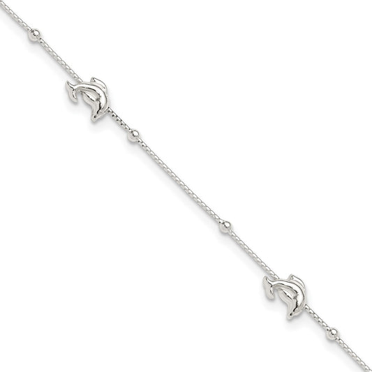 Sterling Silver Polished Dolphin9In Plus 1In Ext. Anklet