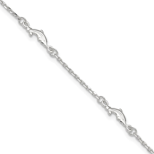 Sterling Silver Polished Dolphin 9In Plus 1In Ext. Anklet