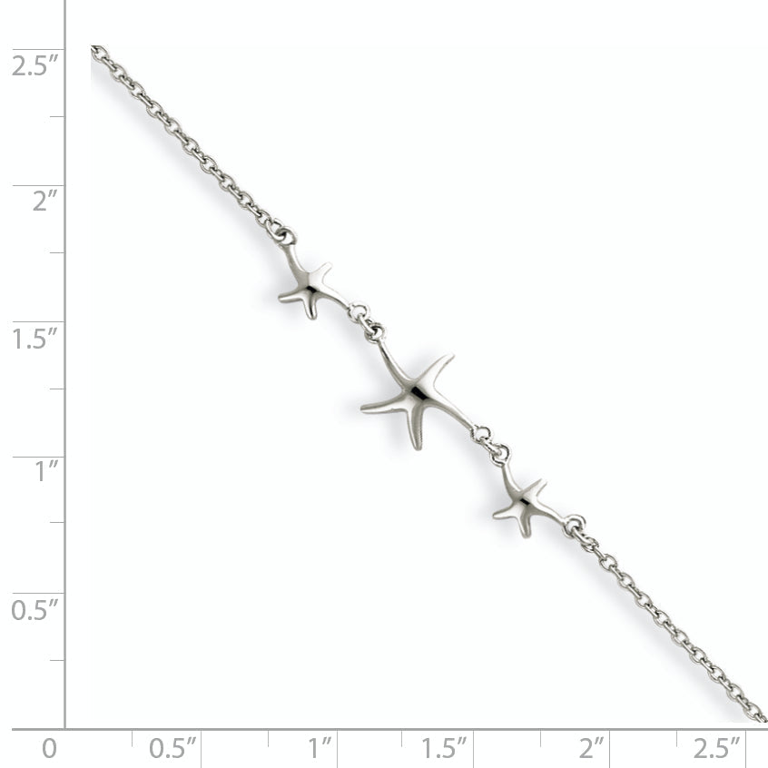 Sterling Silver Rhodium-Plated 10In W/1In Ext Three Stars Anklet