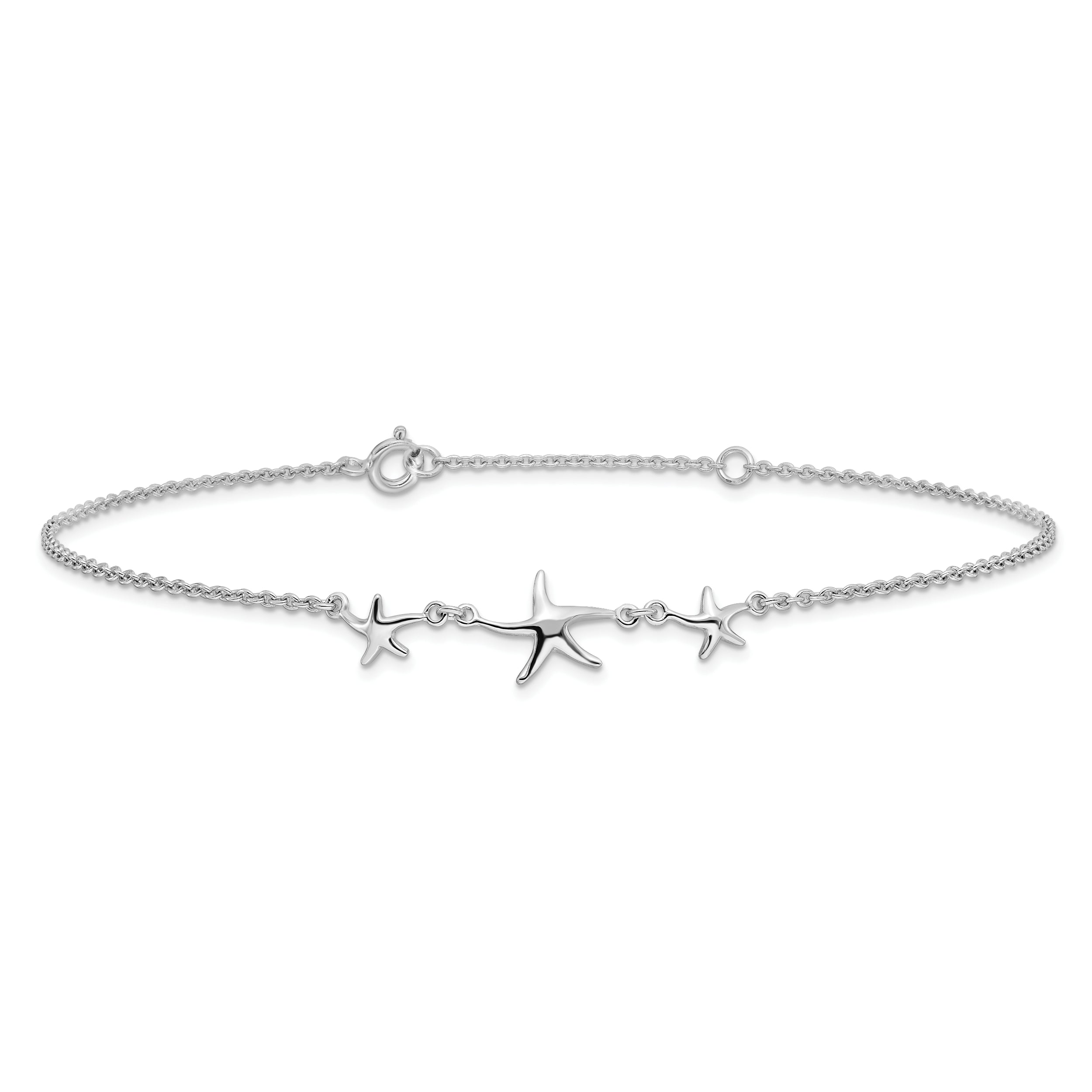 Sterling Silver Rhodium-Plated 10In W/1In Ext Three Stars Anklet