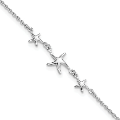 Sterling Silver Rhodium-Plated 10In W/1In Ext Three Stars Anklet