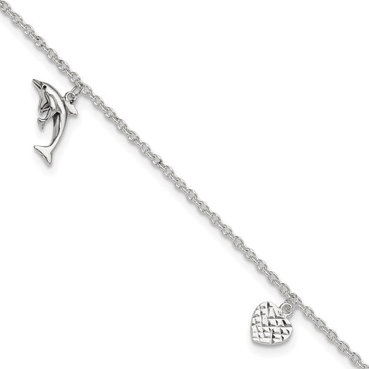Sterling Silver Polished Heart, Star And Dolphin 9In Plus 1In Ext. Anklet