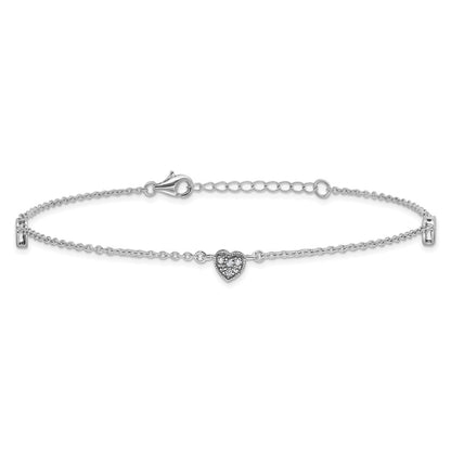 Sterling Silver Rhodium-Plated Cz 9In Plus 1In Ext Heart Anklet