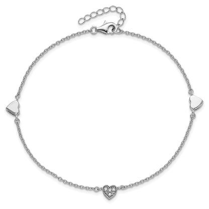 Sterling Silver Rhodium-Plated Cz 9In Plus 1In Ext Heart Anklet