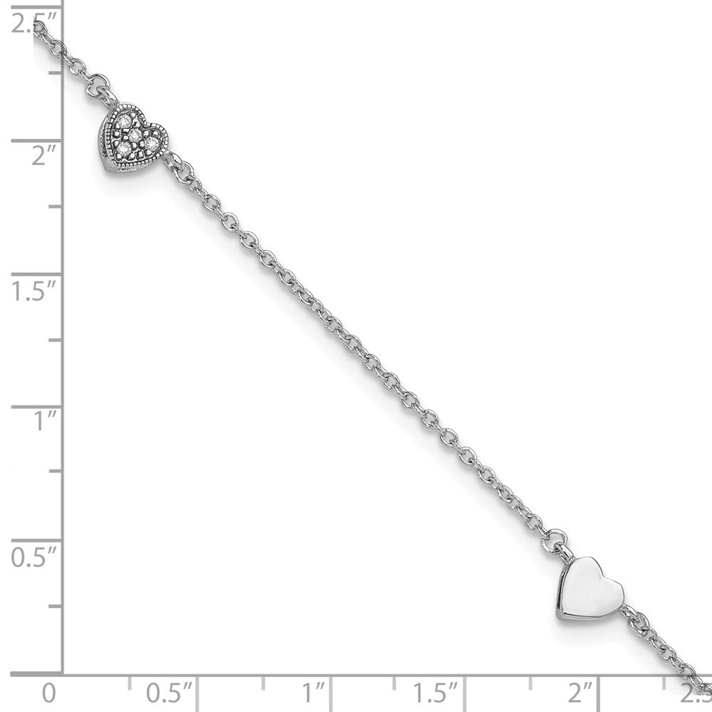 Sterling Silver Rhodium-Plated Cz 9In Plus 1In Ext Heart Anklet