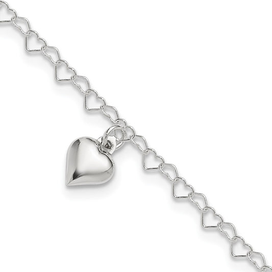 Sterling Silver Polished Fancy Link Puffed Heart 9 In Plus 1In Ext. Anklet