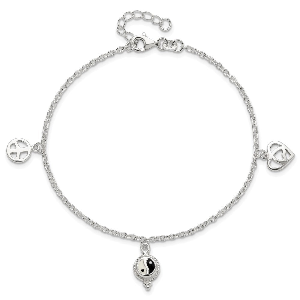Sterling Silver Polished Hearts And Peace Sign 8In Plus 1In Ext Anklet