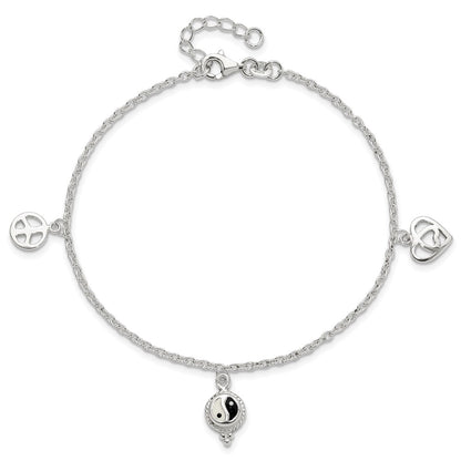 Sterling Silver Polished Hearts And Peace Sign 8In Plus 1In Ext Anklet