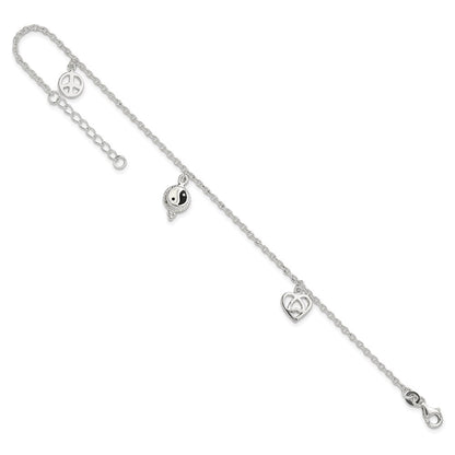 Sterling Silver Polished Hearts And Peace Sign 8In Plus 1In Ext Anklet