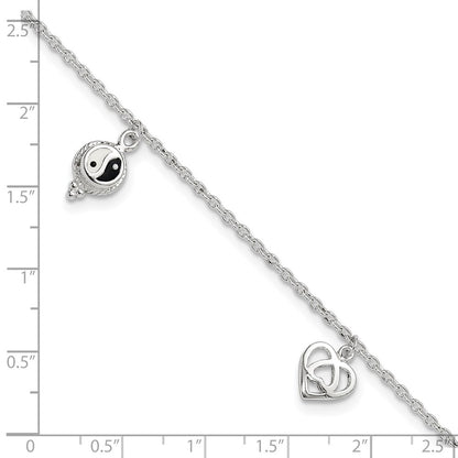 Sterling Silver Polished Hearts And Peace Sign 8In Plus 1In Ext Anklet