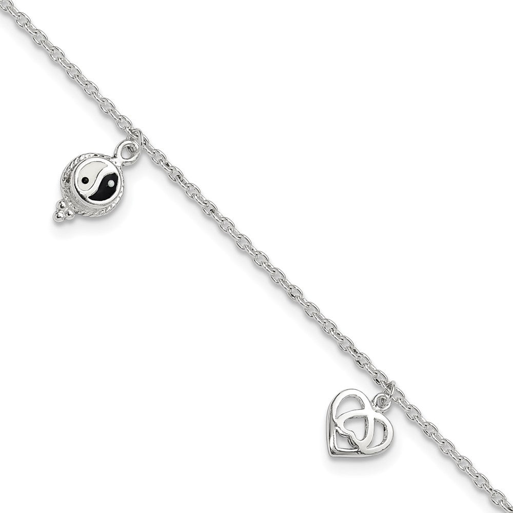 Sterling Silver Polished Hearts And Peace Sign 8In Plus 1In Ext Anklet