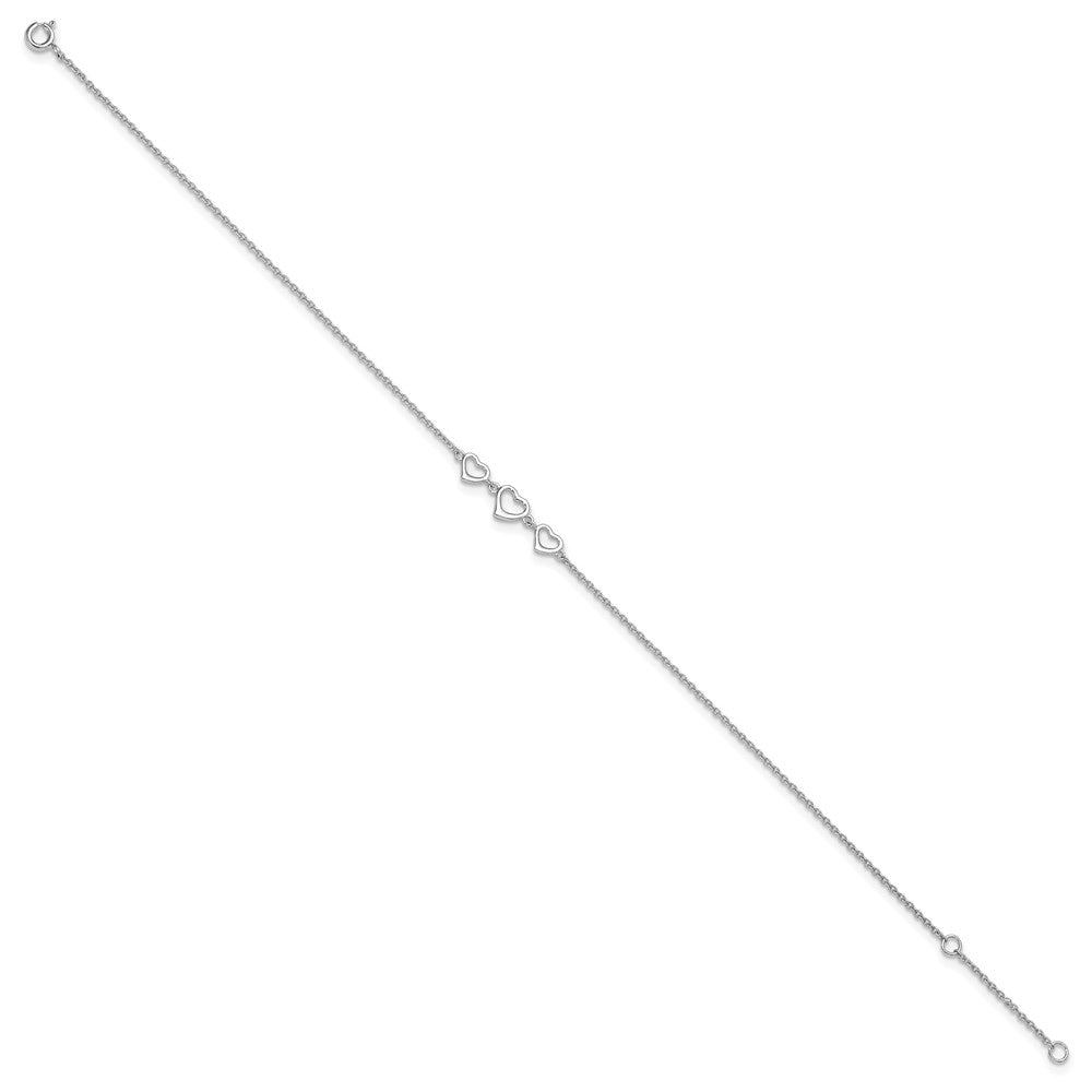 Sterling Silver Rhodium-Plated 10 In Plus1 Ext Three Hearts Anklet