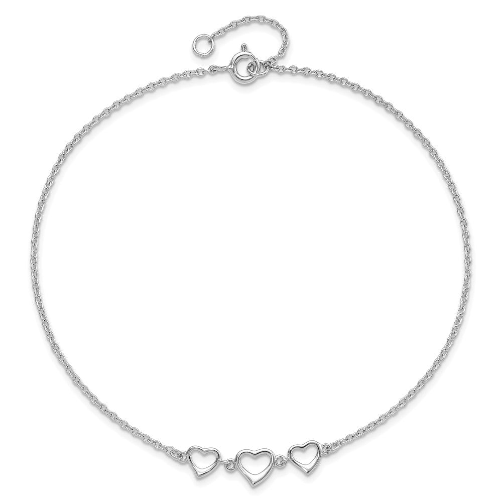 Sterling Silver Rhodium-Plated 10 In Plus1 Ext Three Hearts Anklet