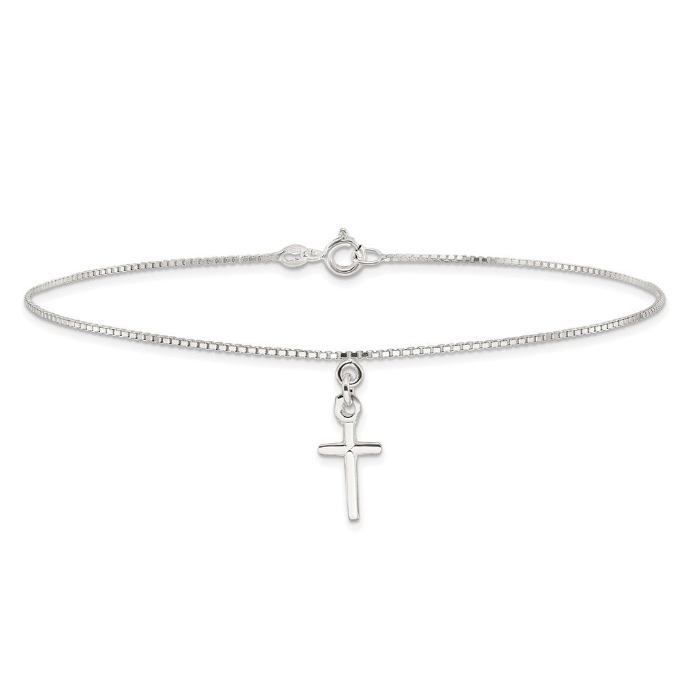 10 Inch Sterling Silver In Solid Polished Cross On Box Chain Anklet