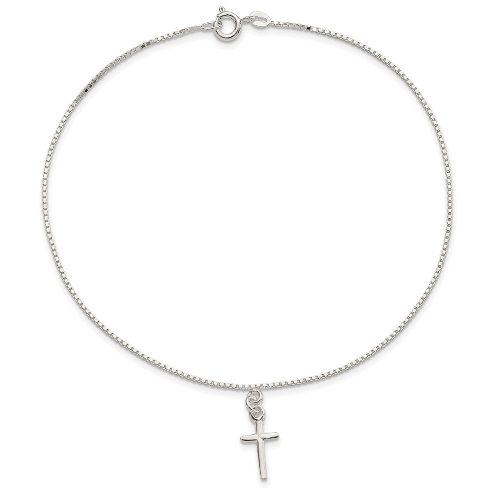 10 Inch Sterling Silver In Solid Polished Cross On Box Chain Anklet