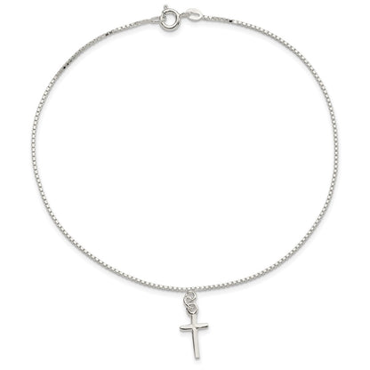 10 Inch Sterling Silver In Solid Polished Cross On Box Chain Anklet
