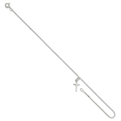 10 Inch Sterling Silver In Solid Polished Cross On Box Chain Anklet