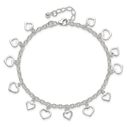 Sterling Silver 8 In Plus 1In Ext Polished Heart Anklet
