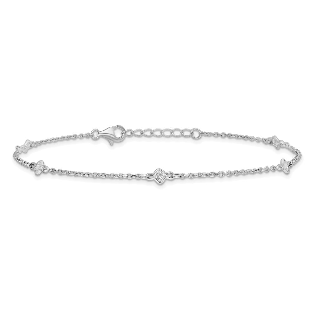 Sterling Silver Rhodium-Plated 9In Plus 1In Ext. 5 Station Cz Anklet