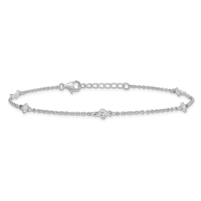 Sterling Silver Rhodium-Plated 9In Plus 1In Ext. 5 Station Cz Anklet
