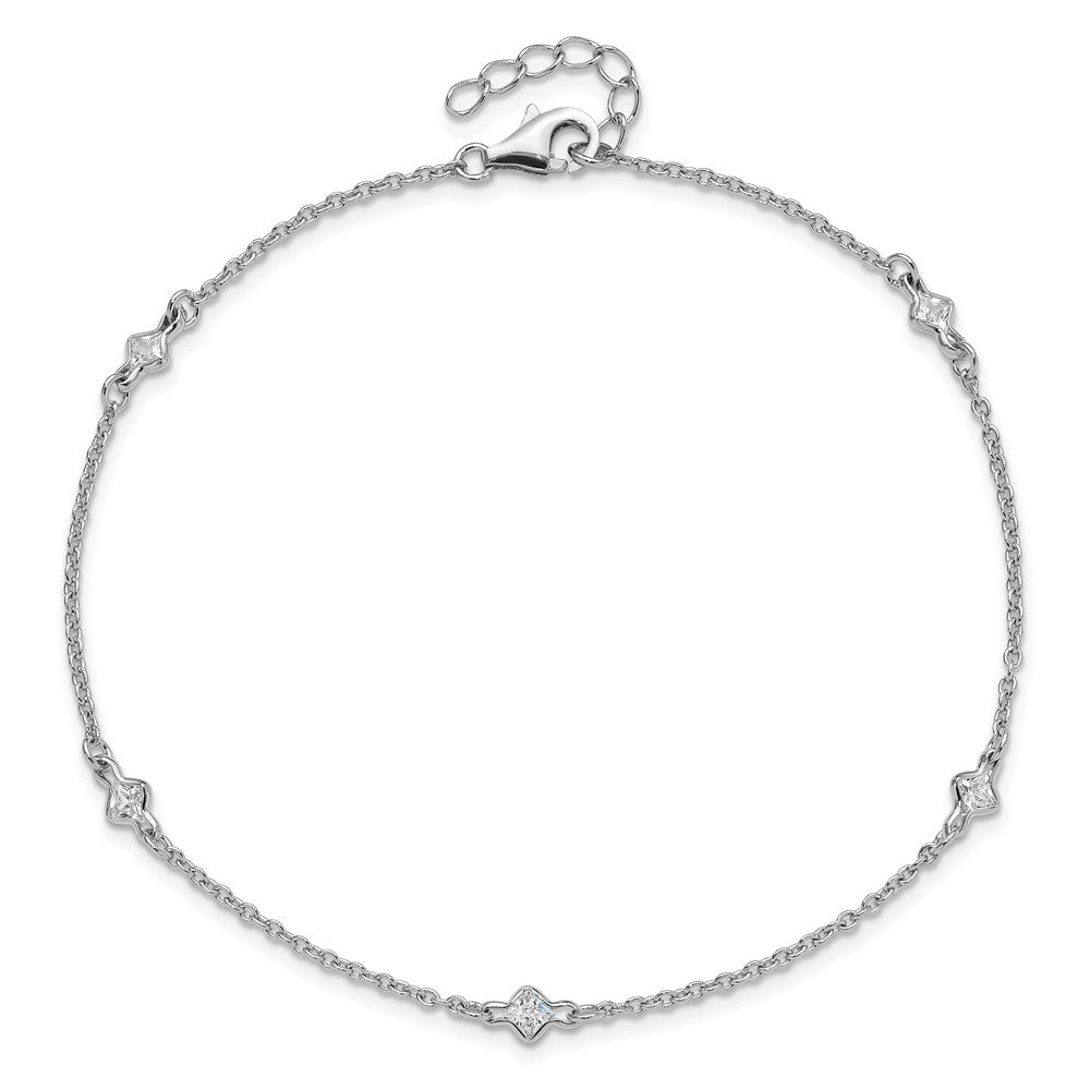 Sterling Silver Rhodium-Plated 9In Plus 1In Ext. 5 Station Cz Anklet
