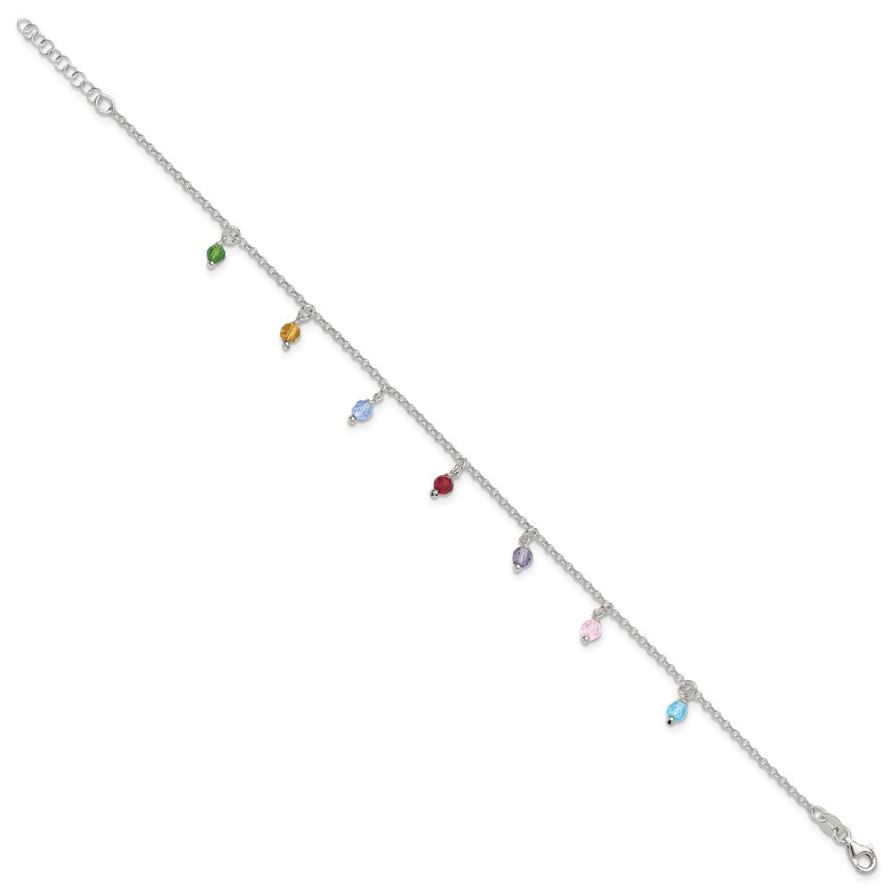 Sterling Silver Polished Multi-Colored Beads 9In Plus 1In Ext. Anklet