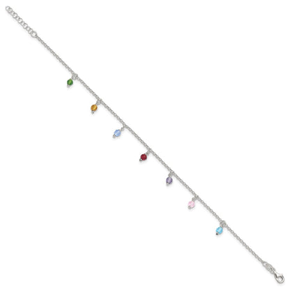 Sterling Silver Polished Multi-Colored Beads 9In Plus 1In Ext. Anklet