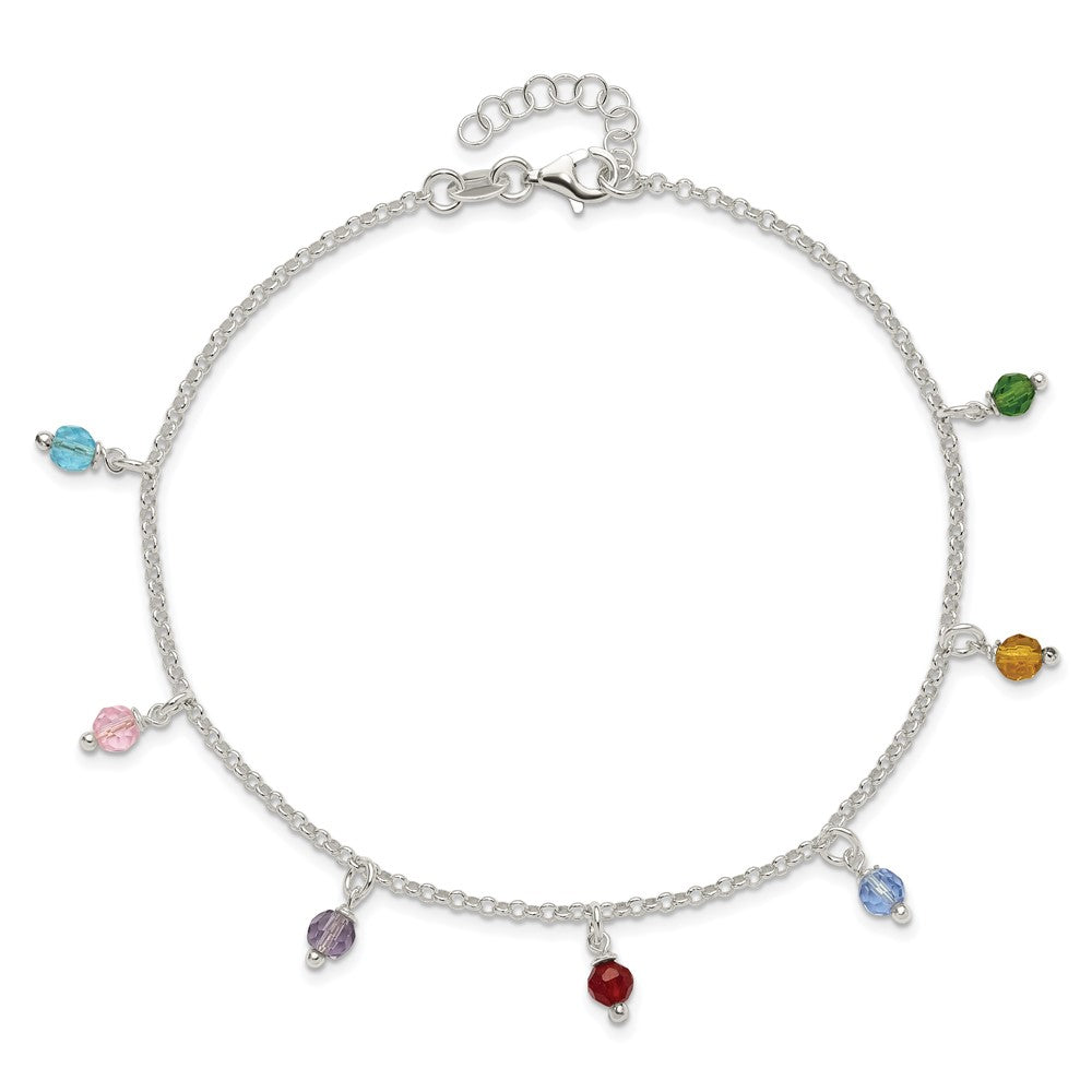 Sterling Silver Polished Multi-Colored Beads 9In Plus 1In Ext. Anklet