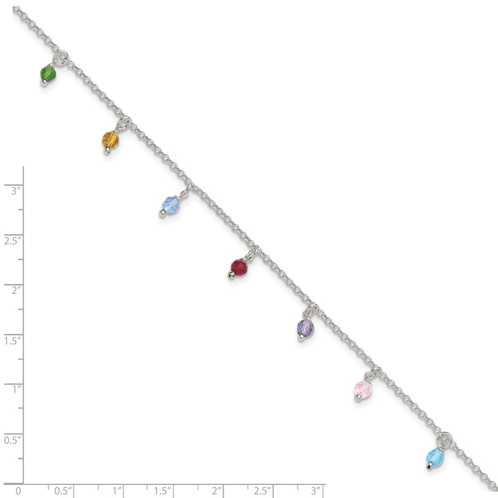 Sterling Silver Polished Multi-Colored Beads 9In Plus 1In Ext. Anklet