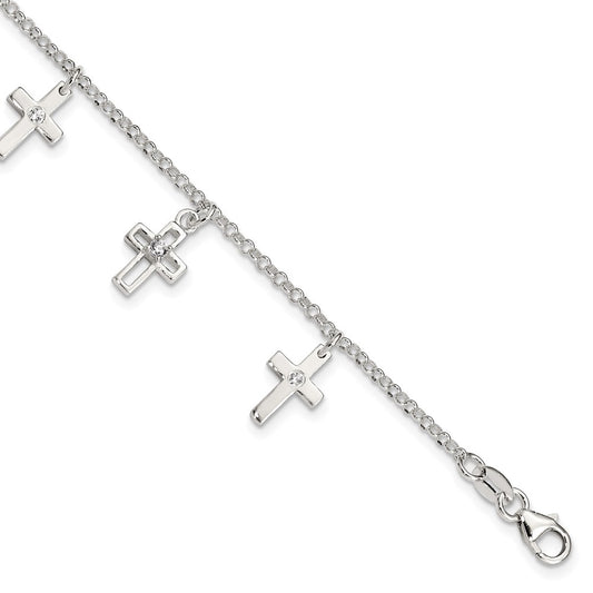 6 Inch Sterling Silver Polished Cz Crosses W/ 1In Ext. Children'S Bracelet