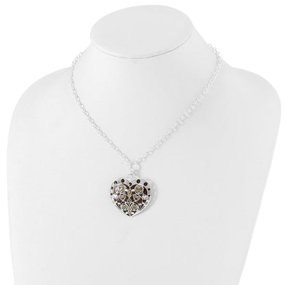 Sterling Silver Polished Gold-Tone & Brown Glitter Enamel Heart Necklace