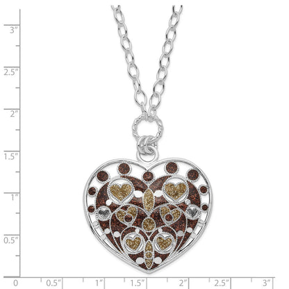 Sterling Silver Polished Gold-Tone & Brown Glitter Enamel Heart Necklace