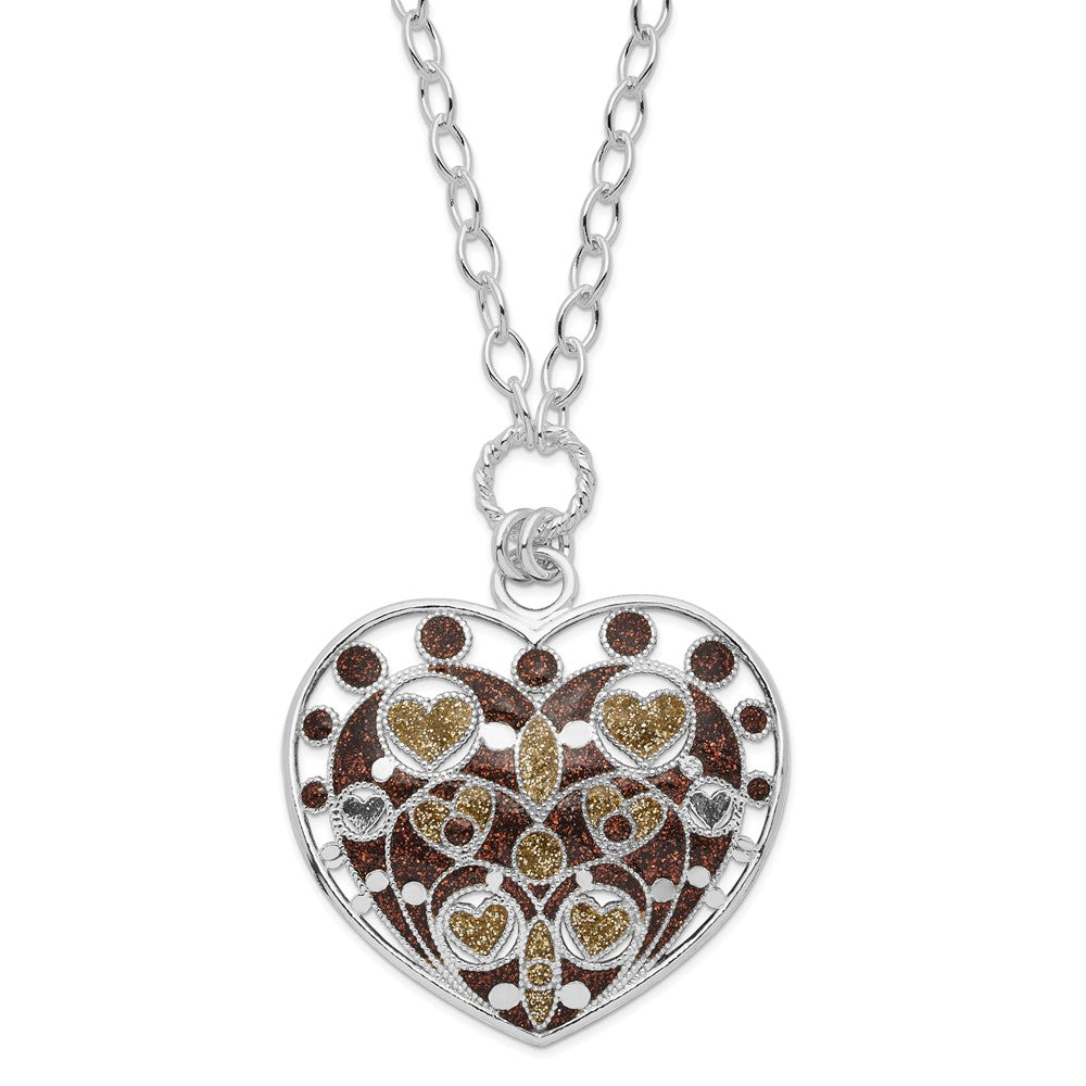 Sterling Silver Polished Gold-Tone & Brown Glitter Enamel Heart Necklace
