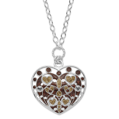 Sterling Silver Polished Gold-Tone & Brown Glitter Enamel Heart Necklace