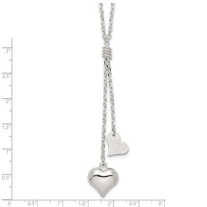 Sterling Silver Polished Textured Puffed Heart Fancy Drop Necklace