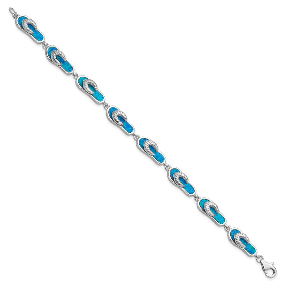 7 Inch Sterling Silver Rhodium-Plated 7In Created Blue Opal Inlay Sandal Bracelet