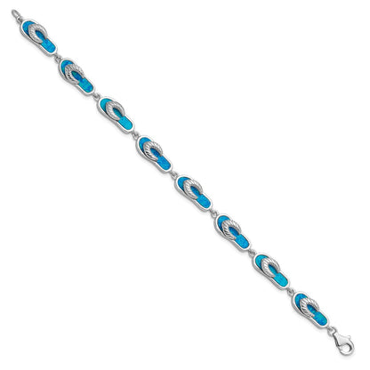 7 Inch Sterling Silver Rhodium-Plated 7In Created Blue Opal Inlay Sandal Bracelet