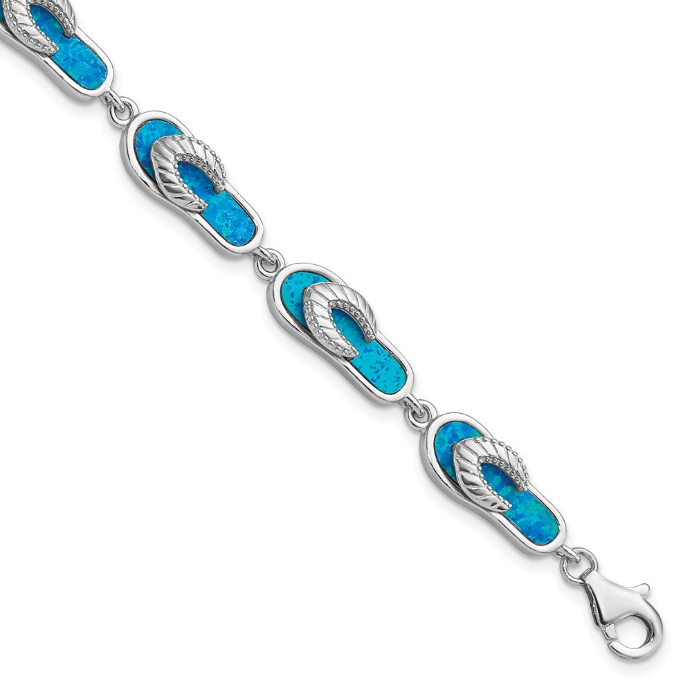 7 Inch Sterling Silver Rhodium-Plated 7In Created Blue Opal Inlay Sandal Bracelet