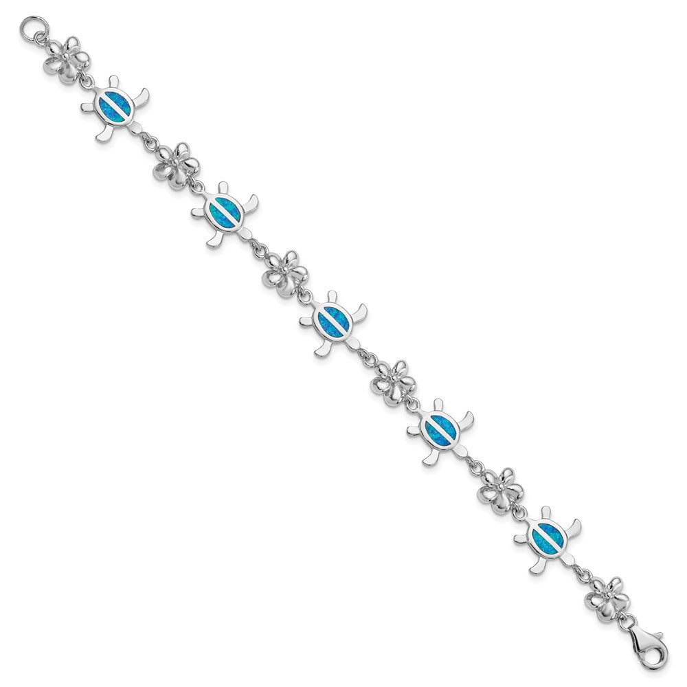 Sterling Silver Rhodium-Plated Polished 7 Inch Created Blue Opal Tortoise With Flower Bracelet