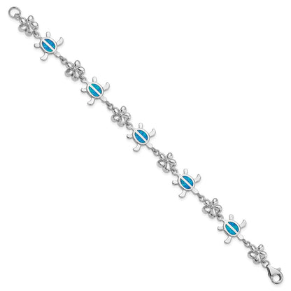 Sterling Silver Rhodium-Plated Polished 7 Inch Created Blue Opal Tortoise With Flower Bracelet