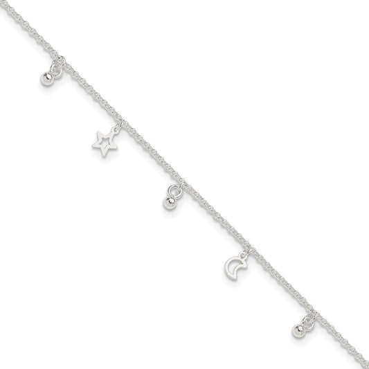 Sterling Silver Polished Bead Star And Moon 9In Plus 1In Ext. Anklet