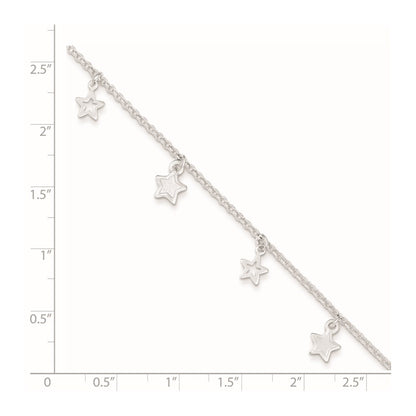 Sterling Silver Polished And Textured Star 9In Plus 1In Ext. Anklet