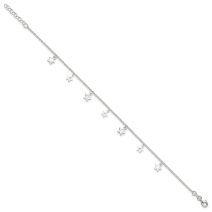 Sterling Silver Polished And Textured Star 9In Plus 1In Ext. Anklet