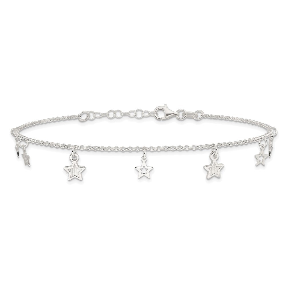 Sterling Silver Polished And Textured Star 9In Plus 1In Ext. Anklet